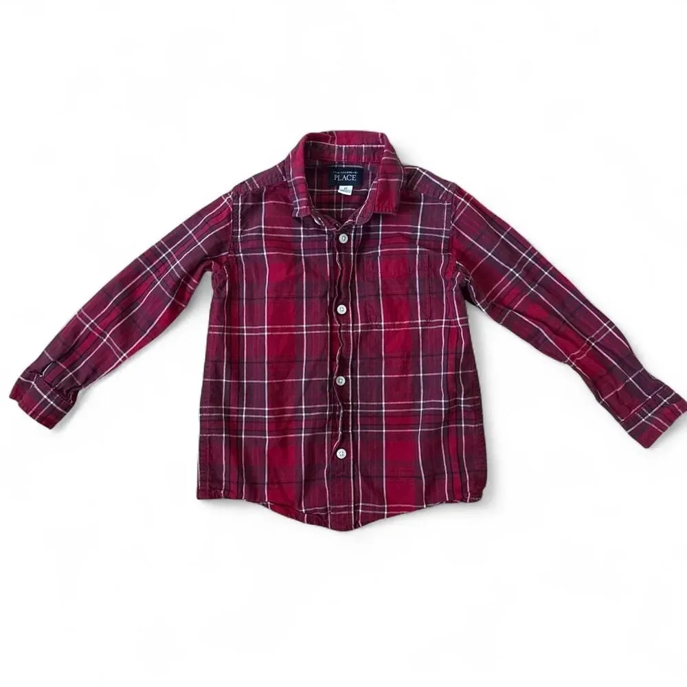 The Children’s Place Boys Red Plaid Button Down Shirt Size 5T 100% Cotton